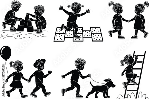 children playing outdoors, kids activities, playground fun, friendship, childhood games, happy children, outdoor playtime, silhouette illustration, cad drawing flat vector illustration