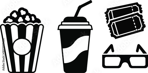 Essential movie night icons set featuring classic popcorn, a refreshing soda drink, admission tickets, and 3D glasses for a complete cinematic experience