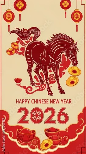 Festive 2026 chinese new year celebration with vibrant lunar new year decorations and galloping horse motif