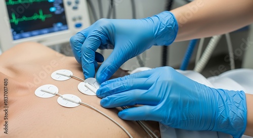 A healthcare professional in blue gloves carefully attaches electrodes to a patient's chest for an electrocardiogram.