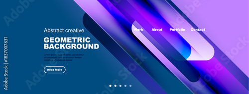 Abstract geometric background design. Blue, purple hues dominate. Text elements present, navigation visible. Modern aesthetic.
