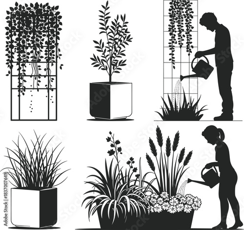 Gardening silhouette collection, people watering plants, potted flowers and trees, garden care illustration, nature growth design, cad drawing flat vector illustration