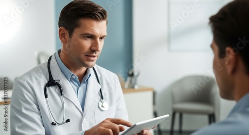 A doctor in a white coat with a stethoscope around his neck is showing something on a tablet to a patient in a medical office.