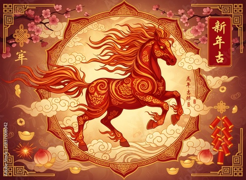traditional oriental fire horse zodiac mascot with flowing flame patterns and red-gold decorative motifs