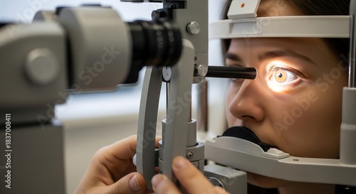 Close-up of a woman's eye undergoing an examination with a slit lamp by an optometrist.