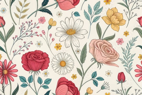 Colorful Floral Pattern Showcasing Different Flowers on a Light Background