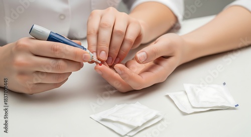 A close-up shot of a person's hands performing a blood glucose test using a lancet and a glucometer.
