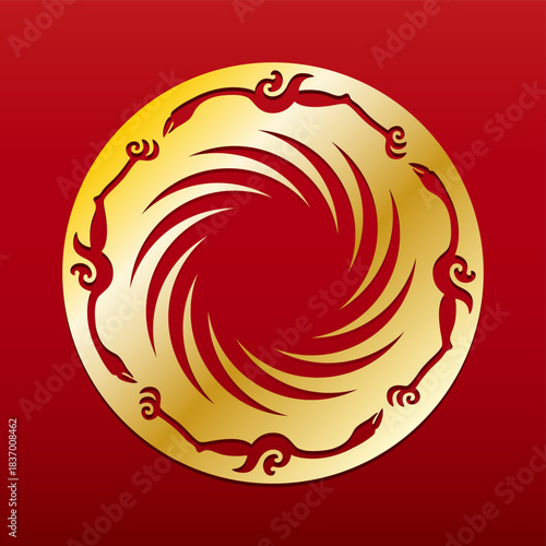 Golden Sun Bird on red field. Sun and Immortal Birds Gold Ornament, a pattern, cut from a ring-shaped piece of ancient Chinese gold foil. Four birds flying around a 12-pointed sunburst pattern. Vector