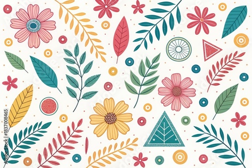 Colorful Floral Pattern Featuring Various Leaves and Flowers in a Playful Design