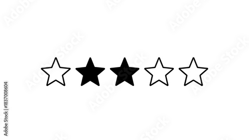 A visual representation of a two out of five-star rating system with black filled and outlined stars on a white background.