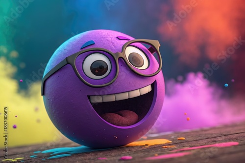 Colorful Purple Ball Character Smiles Joyfully With Glasses in Vibrant Setting