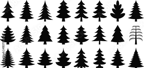 Pine tree silhouette collection, forest evergreen vector elements for landscape design, nature illustration, woodland decoration, cad drawing flat vector illustration