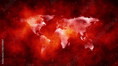 Dramatic dark fire flames with digital world map loop background.