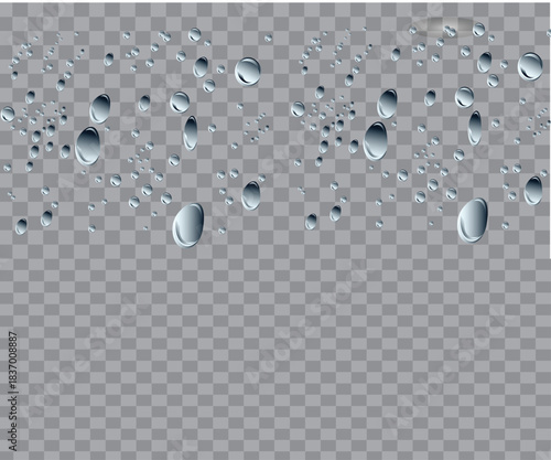 Realistic transparent water drops on an isolated background, liquid water-drop top view, condensation effect, fresh cool, wet spray bubble splash surface topview clean water drop top 