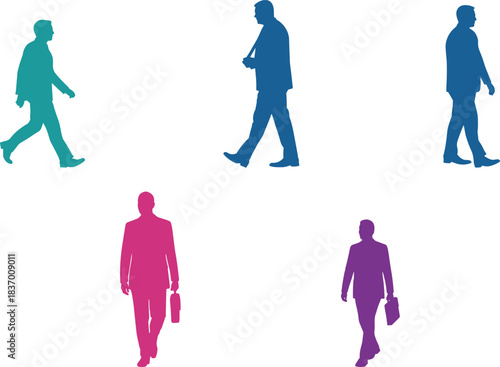 Five colorful silhouettes of people walking with briefcases, commuter and business diversity concept, cad drawing flat vector illustration