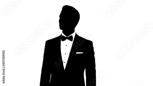 Silhouette of a man in a tuxedo looking to the side.