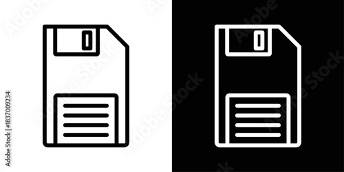 Save disk icon in black and white stroke on background, perfect for file saving actions, toolbars, and document interfaces.
