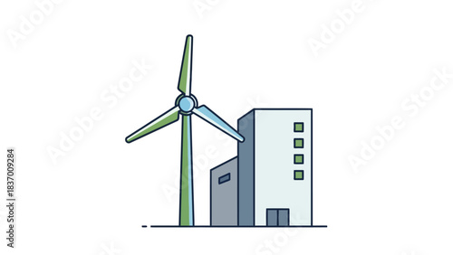 A wind turbine stands beside a lightcolored building