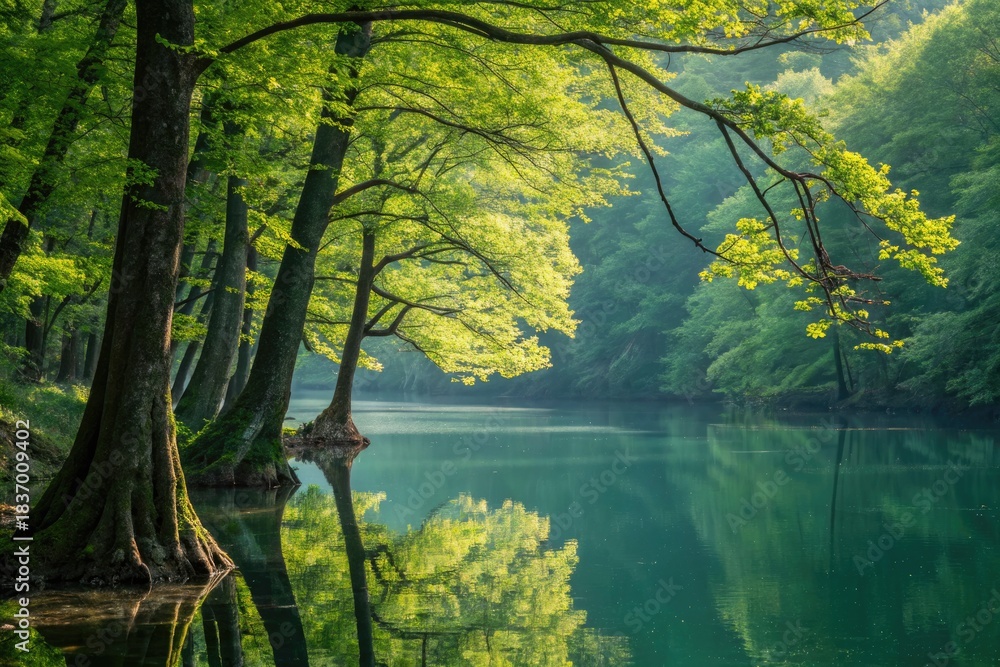 Fototapeta premium Tranquil Morning at a Serene Lake Surrounded by Lush Trees and Reflections