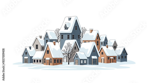 Charming snowy village scene with quaint houses and bare trees under a blanket of winter frost