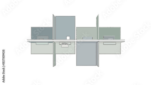 Abstract representation of cubicles with screens and desk elements