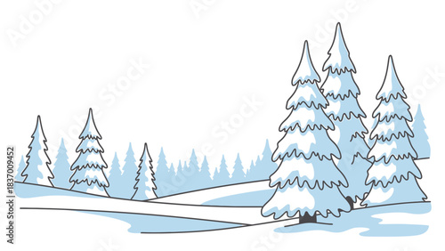 Winter Forest Landscape with Snow-Covered Pine Trees and Rolling Hills in the Background