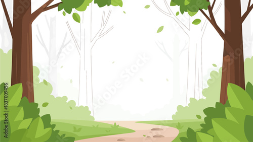 Enchanting forest path winding through lush green trees and foliage, inviting exploration into a tranquil natural landscape