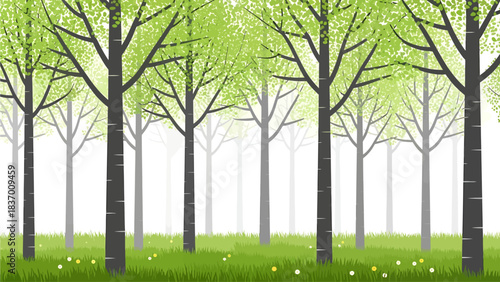Serene spring forest scene depicting tall trees with bright green leaves and a lush grassy meadow adorned with delicate wildflowers, evoking renewal and natural tranquility