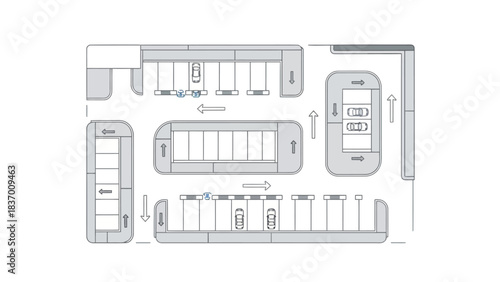 Aerial view of a parking lot layout with driving lanes and parking spaces