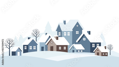 Charming Winter Village Scene with Snow-Covered Houses and Bare Trees