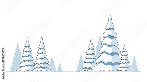 Winter landscape illustration of snow-covered pine trees against a pale blue sky