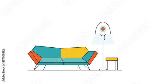 An abstract illustration of a multicolored sofa a floor lamp and a small stool