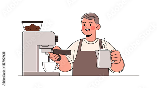 Barista making coffee with an espresso machine and milk pitcher