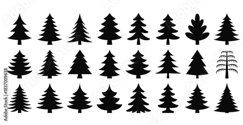 Pine and fir tree silhouette set, evergreen forest illustration collection, natural woodland elements vector icons for landscape design, cad drawing flat vector illustration