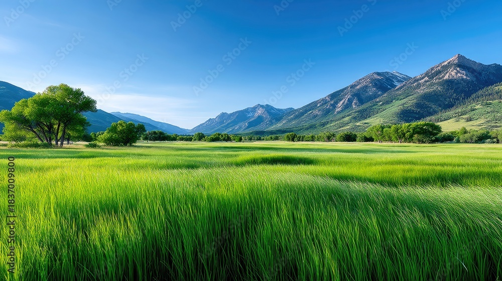 Fototapeta premium Green Field and Mountains Under Blue Sky