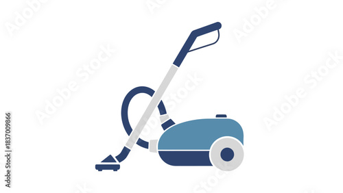 Blue and gray canister vacuum cleaner with hose and handle