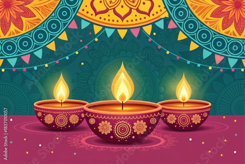 Festive Celebration With Traditional Oil Lamps on Colorful Background