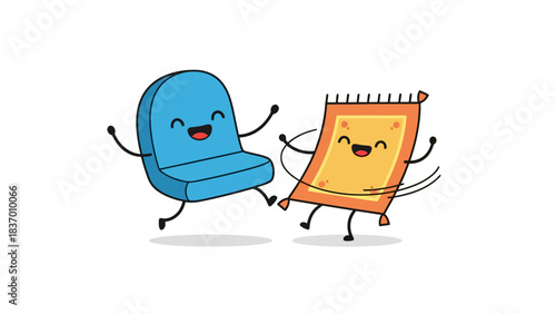 Cartoon blue chair and orange rug dancing joyfully