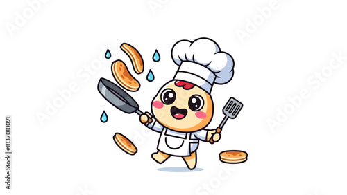 Cartoon chef flipping pancakes in midair