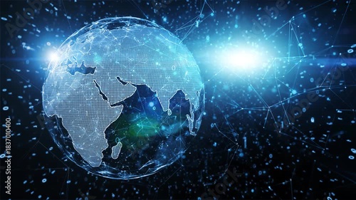 Digital loop animation earth and computer data with lines motion.
