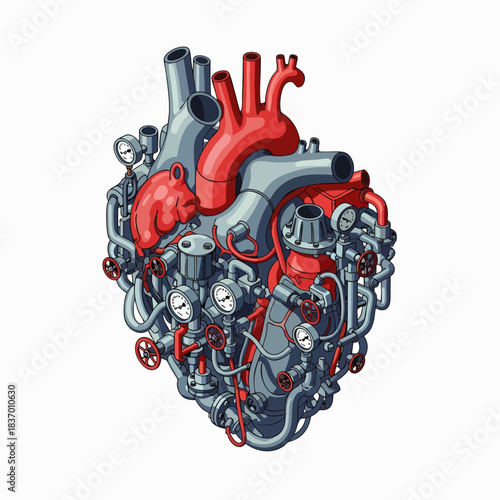 Intricate mechanical heart illustration with pipes valves and gauges symbolizing complex internal workings and life support systems.