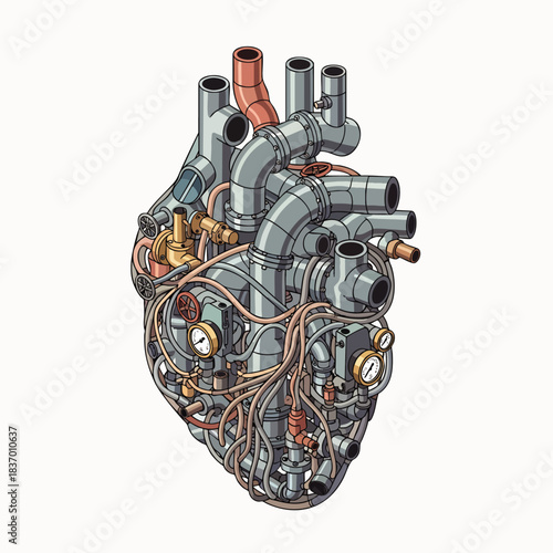 This intricate illustration presents a human heart meticulously crafted from pipes, gears, and gauges, showcasing a unique and detailed steampunk mechanical design.