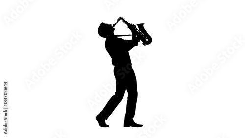 Silhouette of a man playing the saxophone with passion and energy.