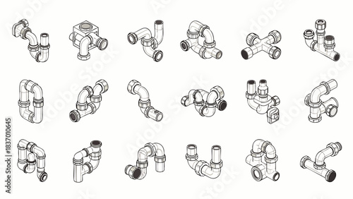 A collection of various plumbing pipe fittings and connectors, isolated on a white background, illustrating different configurations and connections.