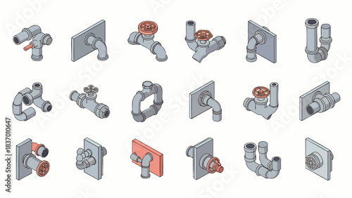 Isometric plumbing pipes and connectors collection, a versatile set for construction and renovation projects.