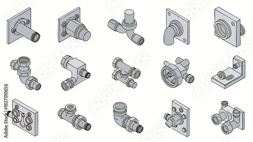 Collection of isometric plumbing fittings and components for fluid systems, illustrating connections and valves.