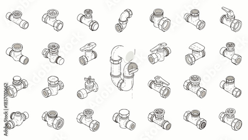 Collection of isometric line drawings illustrating various plumbing pipe fittings and valves for industrial and domestic applications.