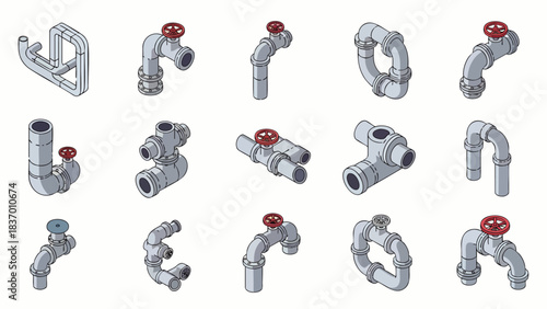 Collection of isometric plumbing pipes and fittings with valves, isolated on a white background.