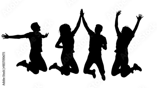 Silhouette of four people jumping and celebrating together.