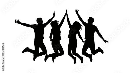 Silhouette of four friends jumping and high-fiving in celebration.